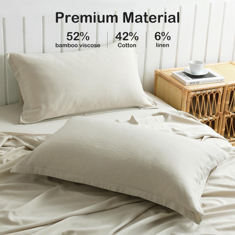 PANDATEX Beige Linen-Textured Bed Sheets Set, Bamboo Rayon, Cotton, Linen Blend Bed Sheets King Size, Soft Cool & Breathable for Hot Sleepers,Durable Natural Organic Bed 15'' Deep Pocket - 4 Piece - Image 3